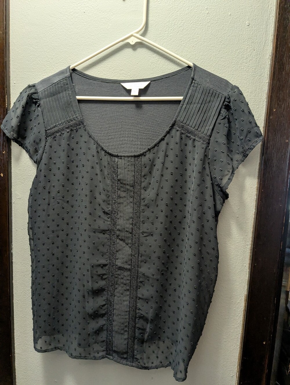 LC Lauren Conrad Black Swiss Dot Cap Sleeve Blouse with Pintuck Panels